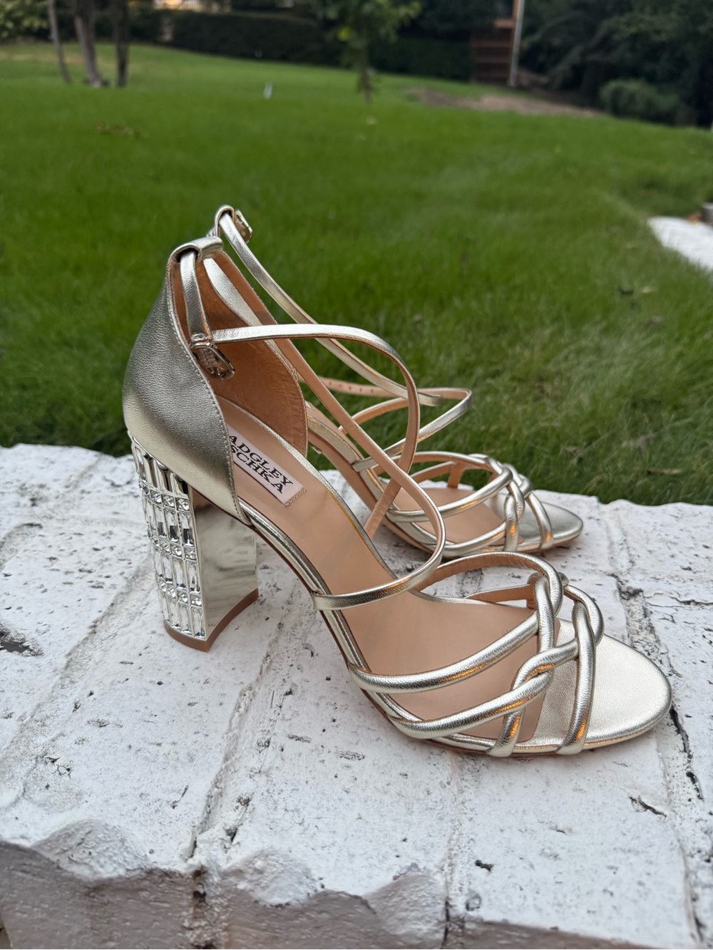 Badgley Mischka Gold Crystal-Embellished Strappy Block Heels